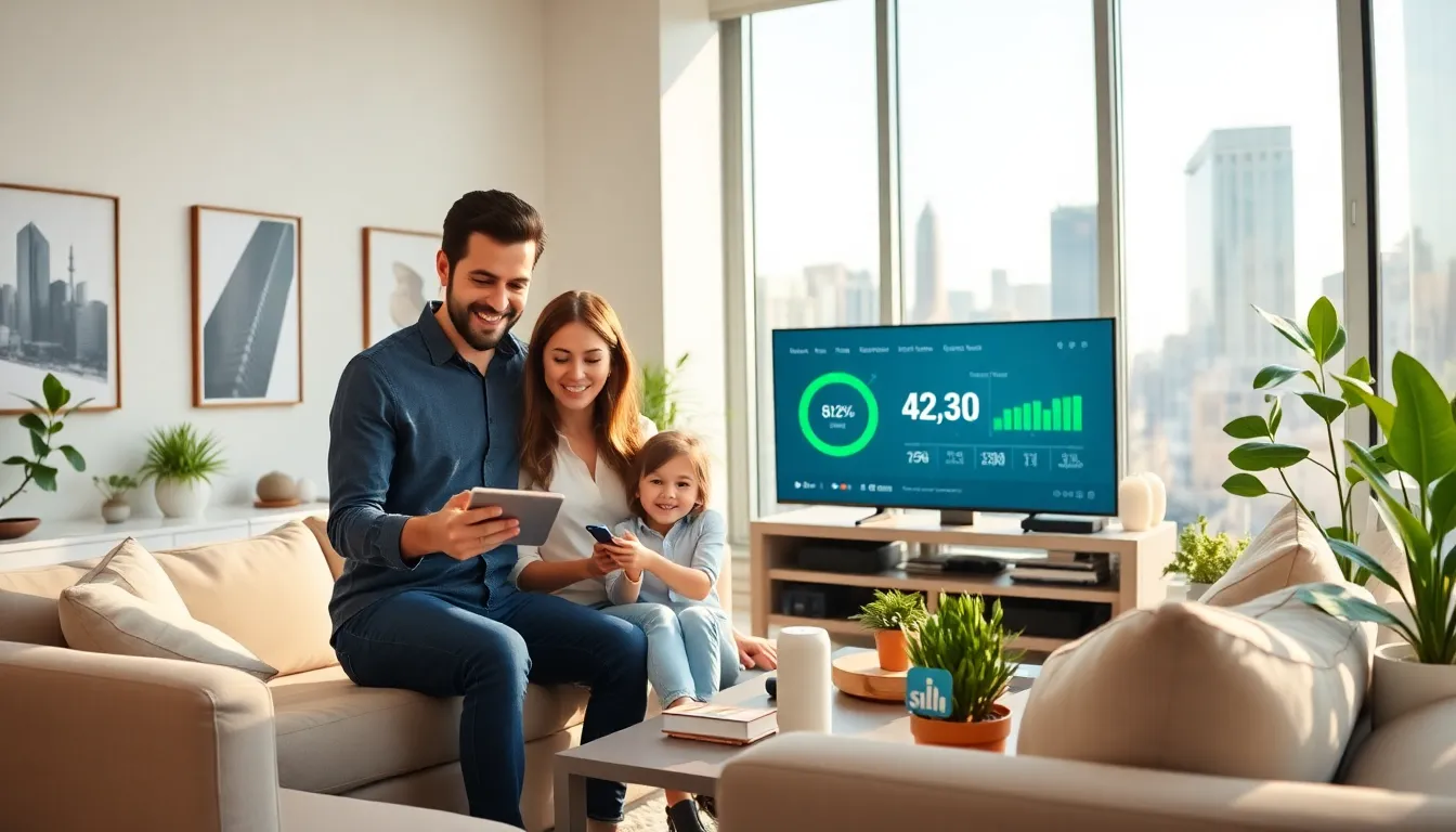 family using smart home technology in a modern New York apartment.