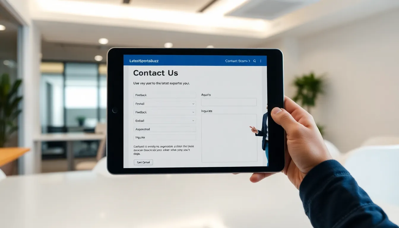 LatestSportsBuzz contact form displayed on a tablet in a modern office.