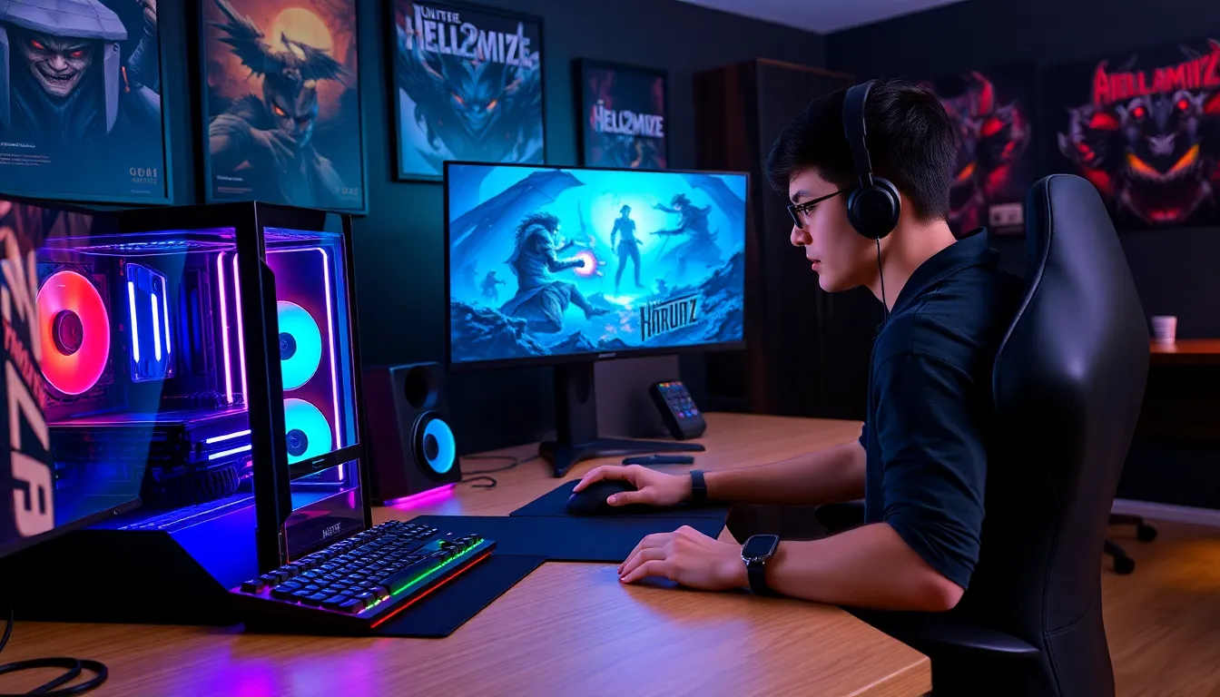 gamer at a high-performance PC playing Hell2Mize.