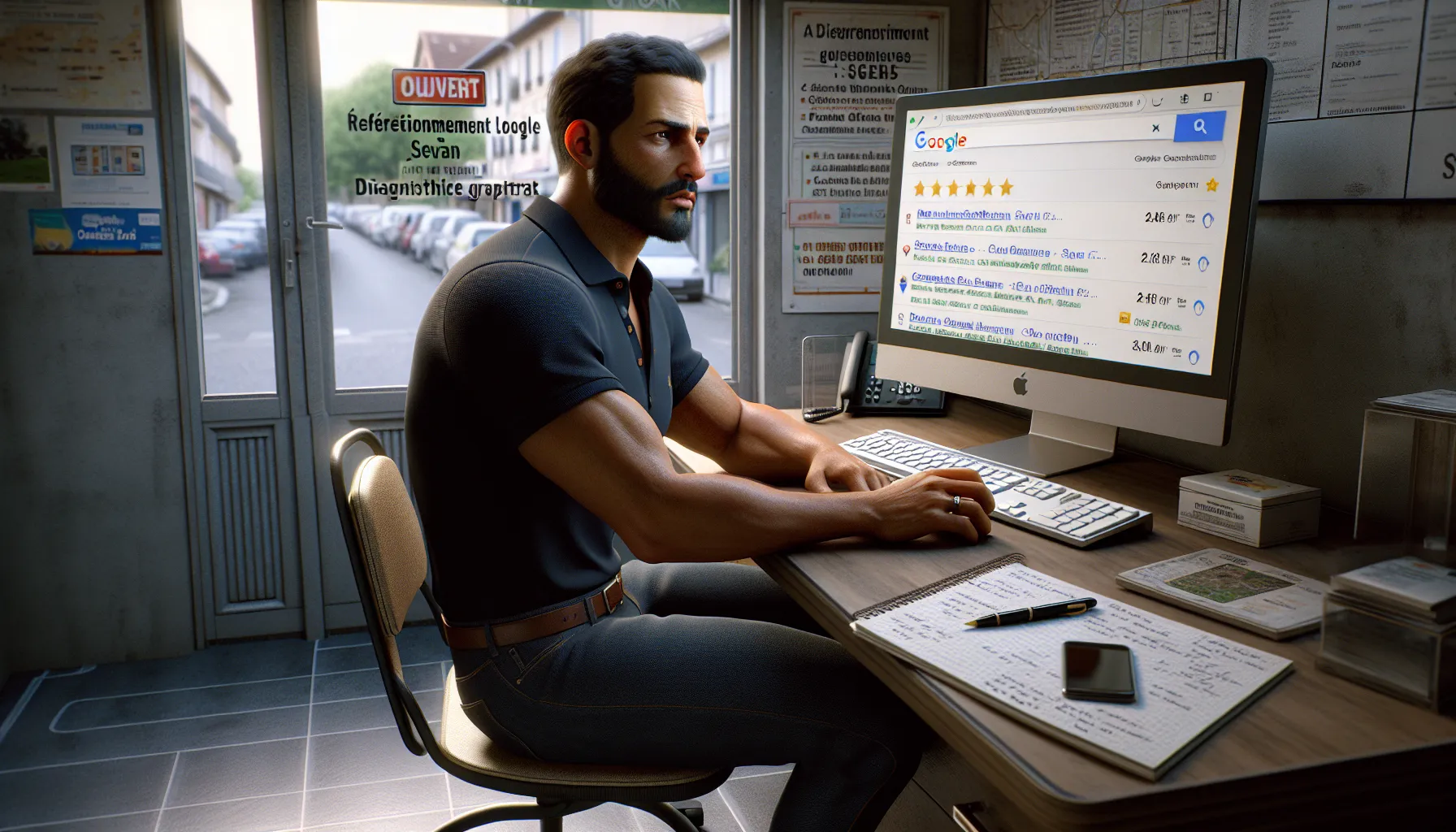 Small Sevran shop owner studies Google local search results with competing listings.