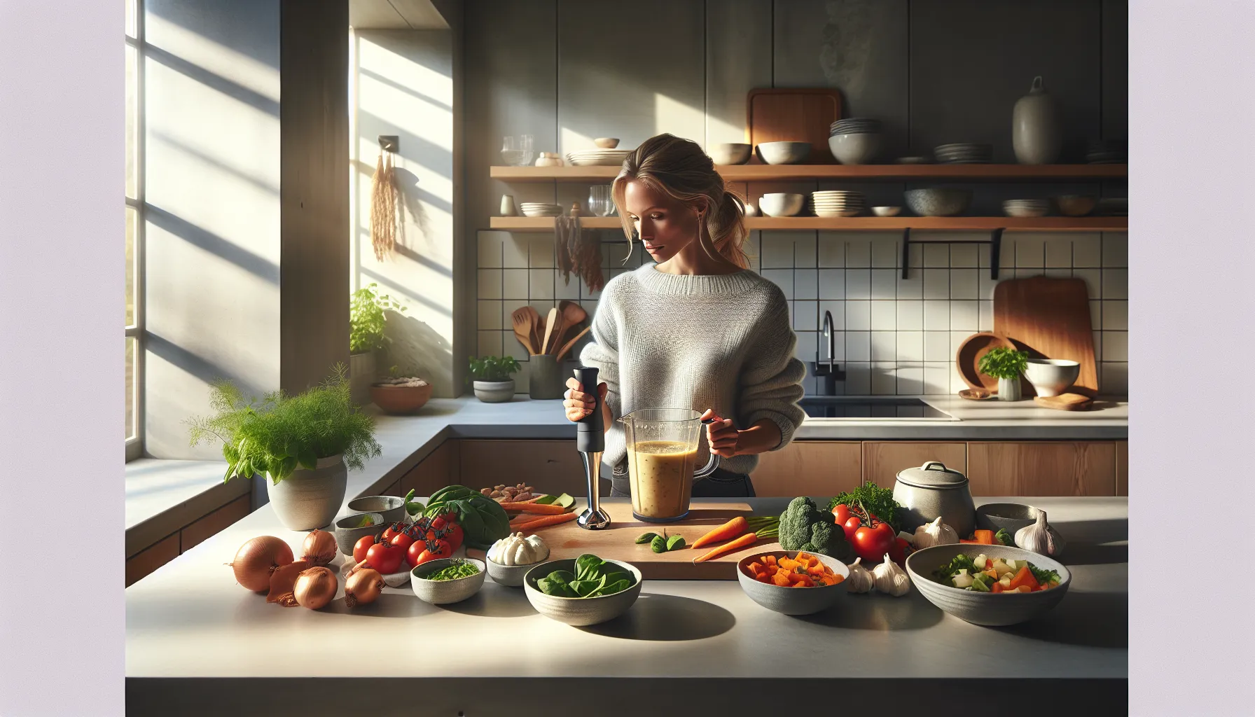 Woman blending colorful vegetable sauce in a bright norwegian kitchen with fresh produce.