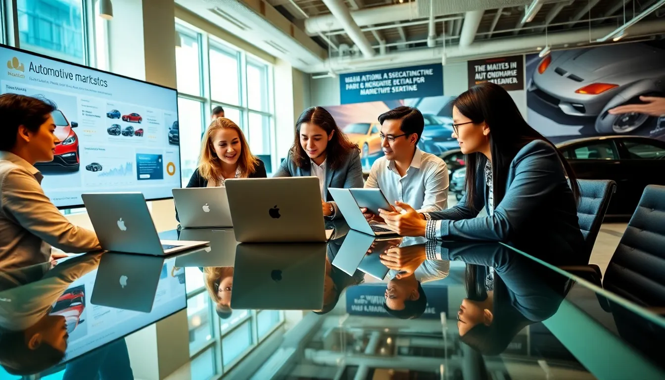 diverse team discussing automotive marketing strategies in a modern office.