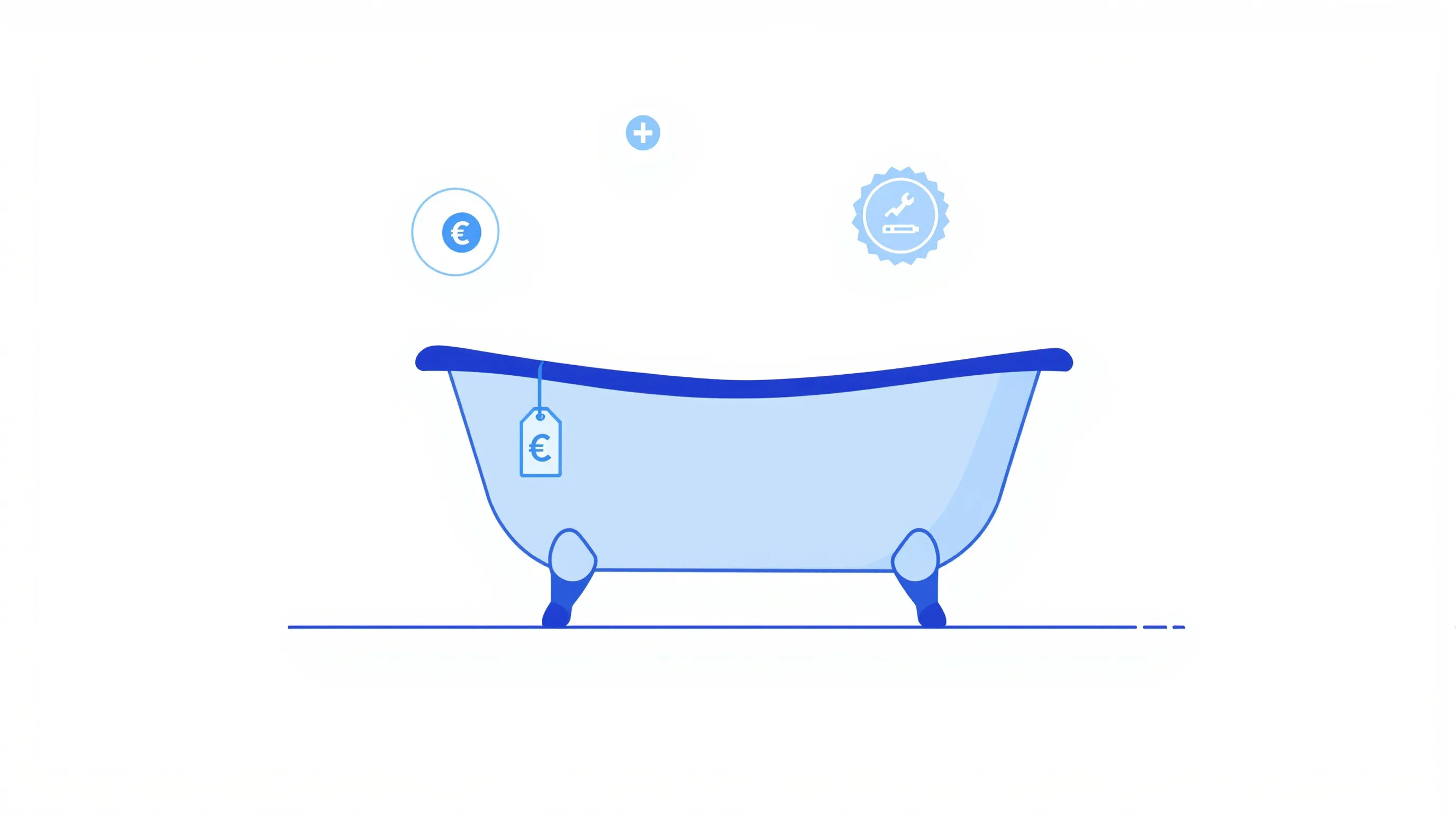 Minimalist bathtub outline with price tag and service icons on clean white background.