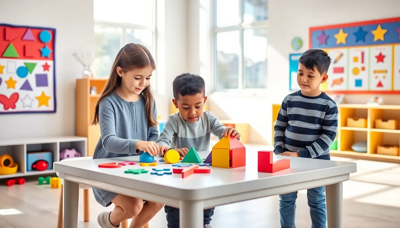 children learning shapes in a vibrant preschool classroom.