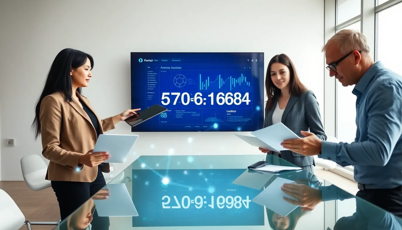 diverse team discussing a digital dashboard in a modern office.