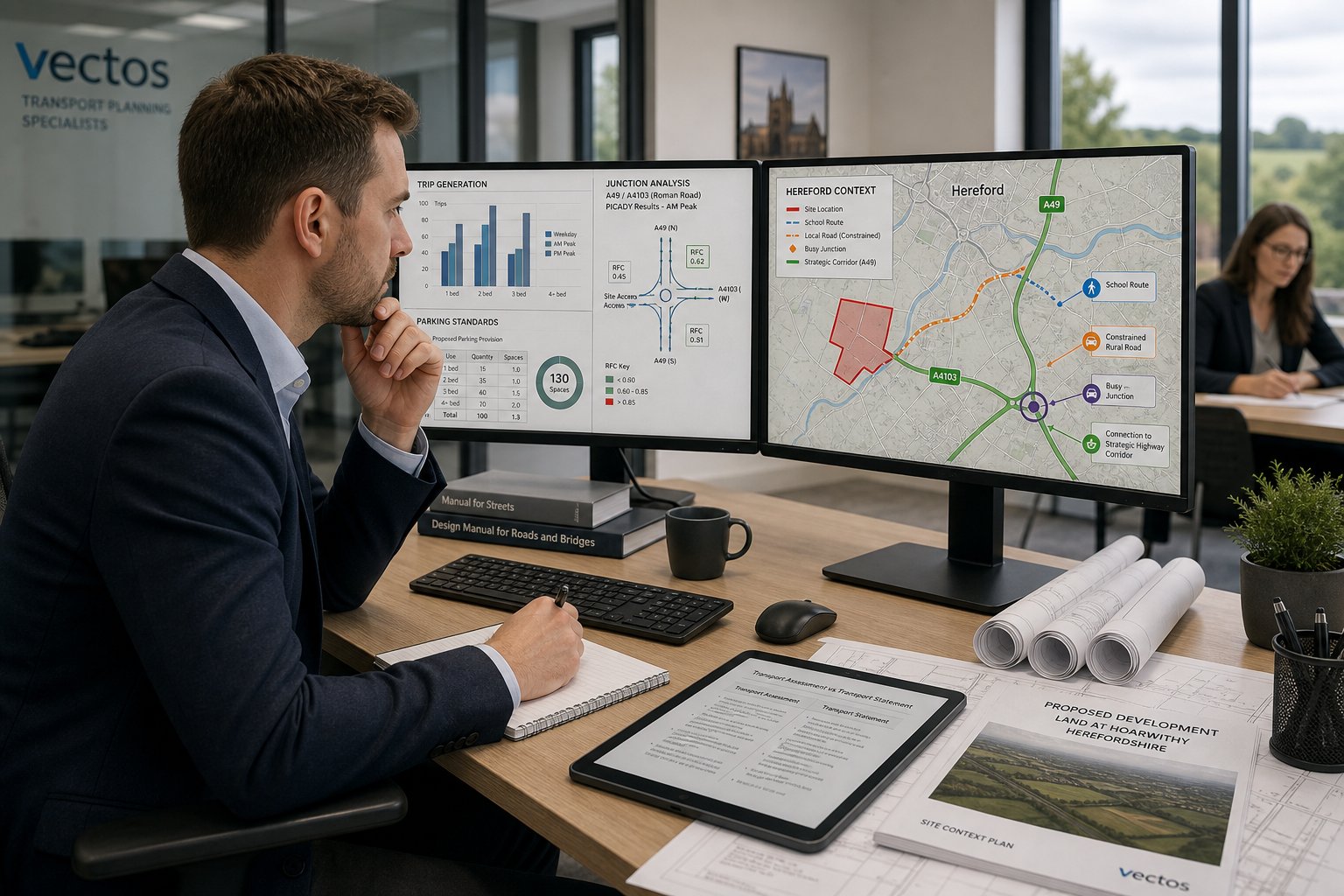 Traffic engineer reviewing transport planning data in a modern Hereford office.