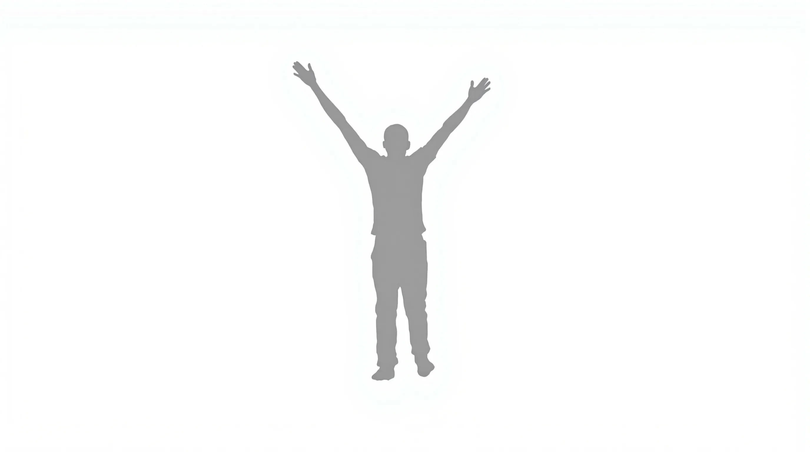 Minimalist silhouette of a person standing confidently with arms raised on white background.