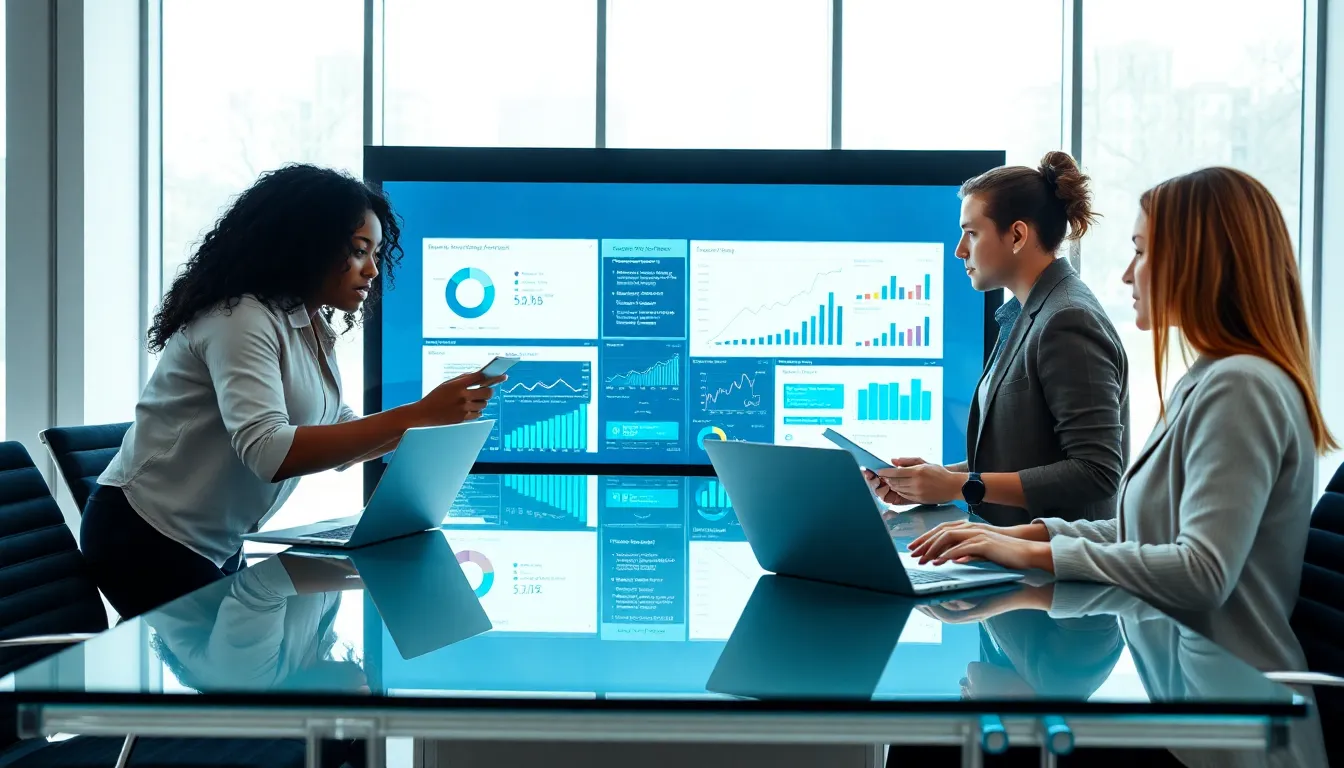 diverse professionals analyzing data in a modern office setting.