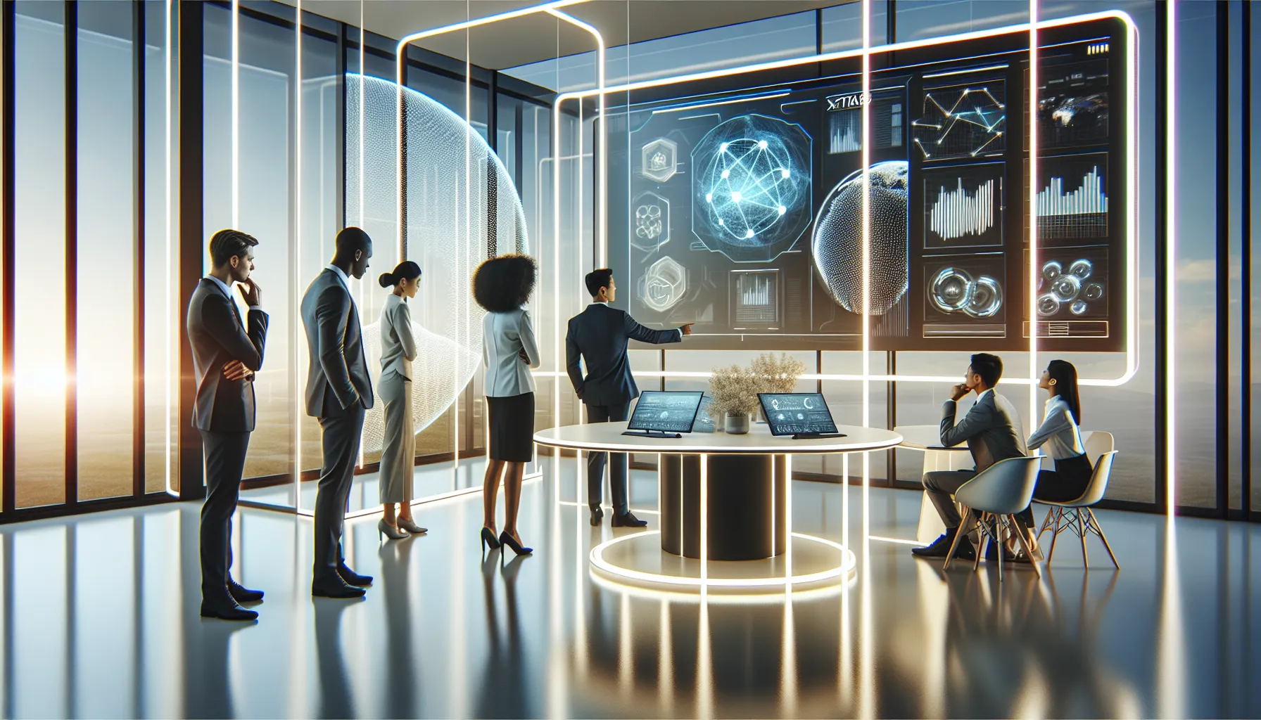 diverse team collaborating in a modern lab on future technology innovations.