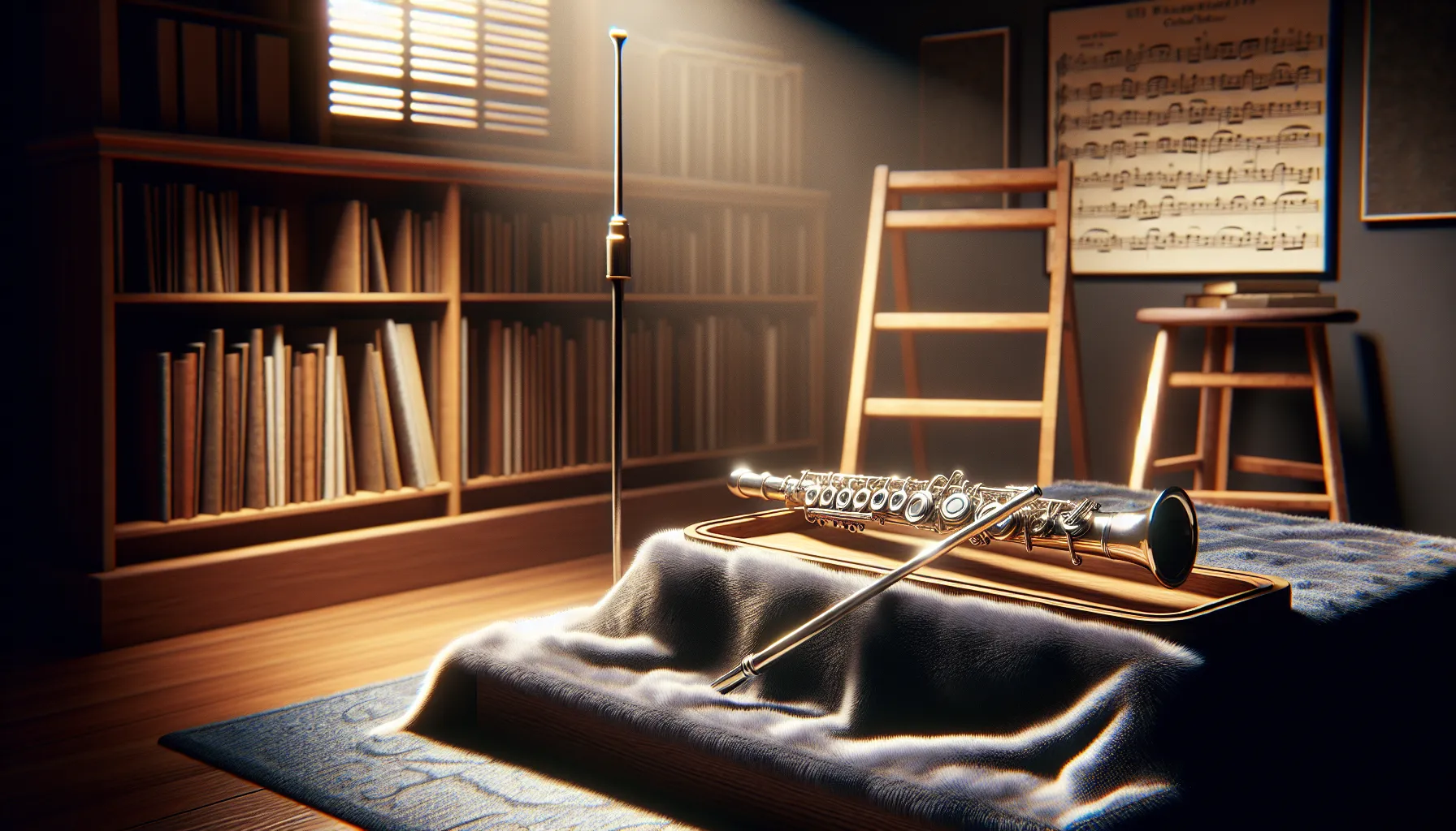 A flute and a piccolo displayed in a music classroom setting.