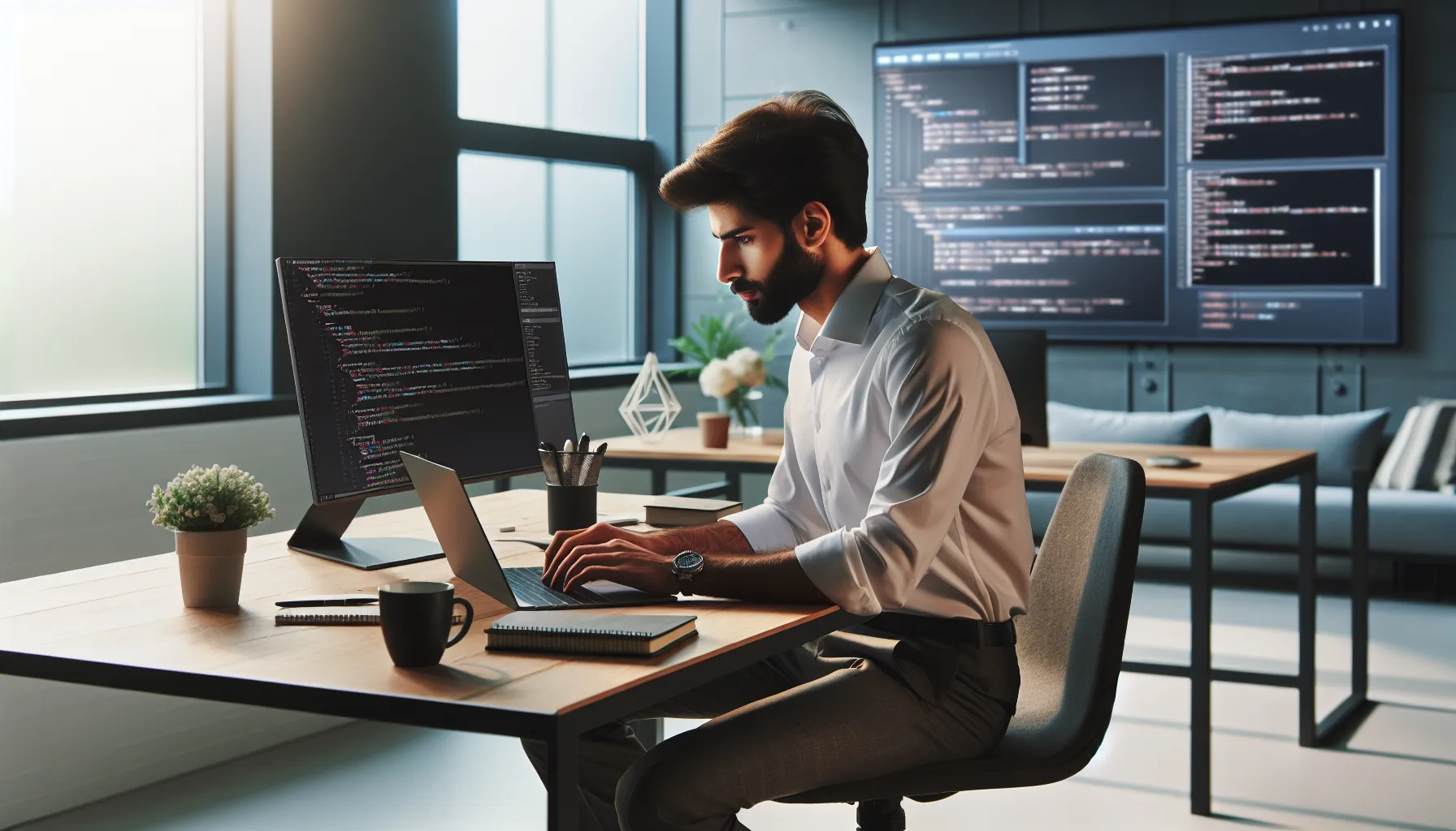 developer debugging code on a laptop in a modern office setting.