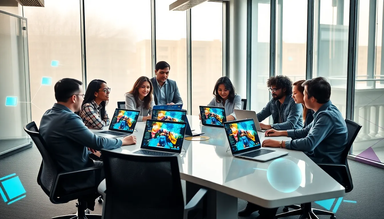 diverse gaming team collaborating in a modern office.