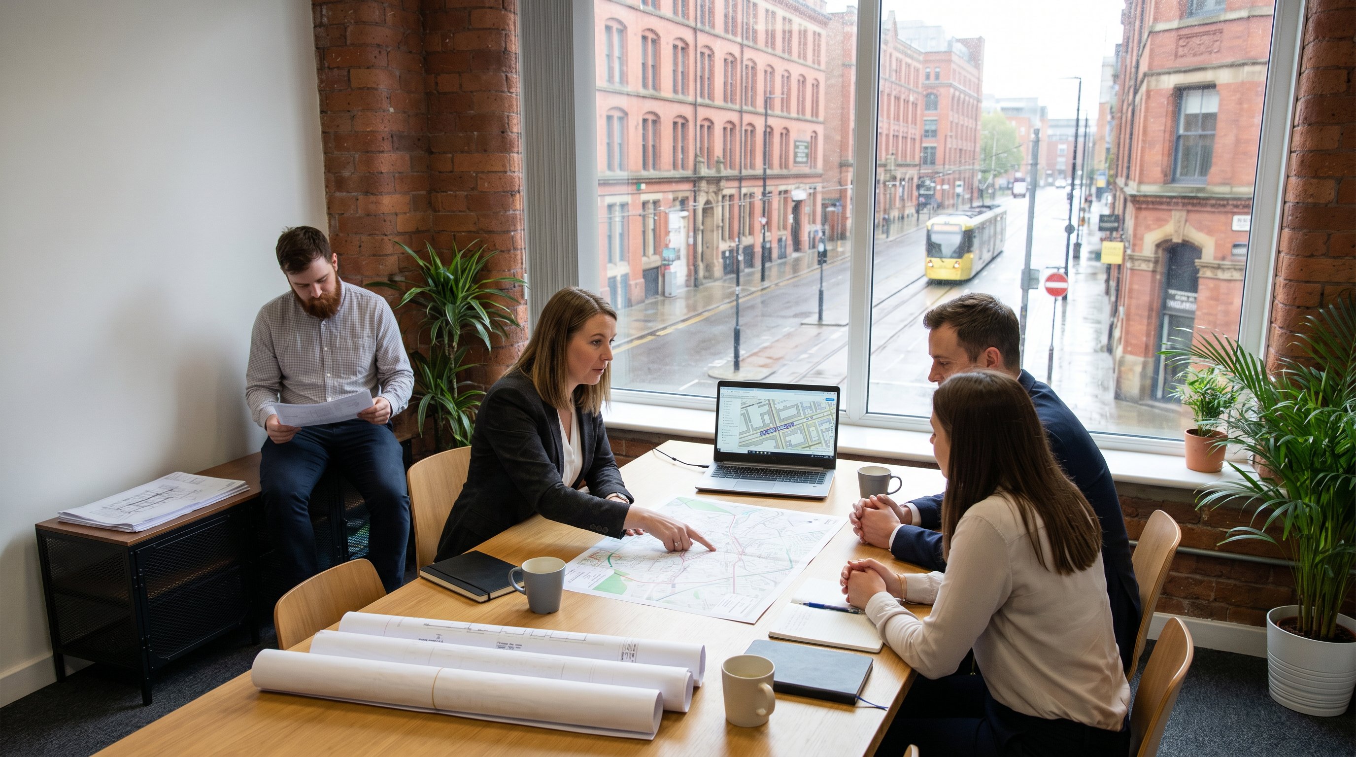 Professional transport planning team in a modern office reviewing site plans and traffic diagrams with clients in a naturally lit North West England setting.