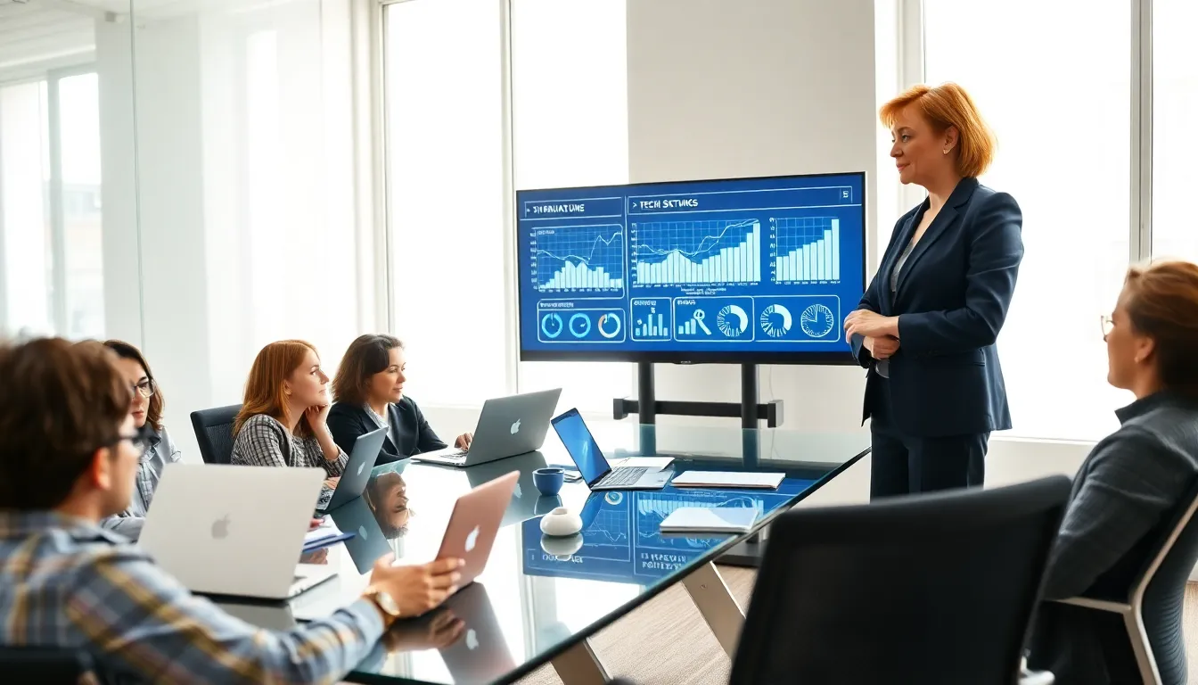 A tech startup consultant guiding a diverse team in a modern office.