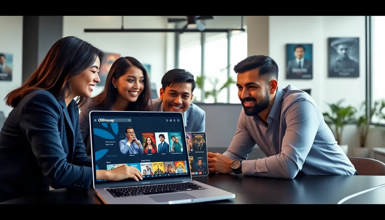 diverse professionals exploring movie content on a laptop in a modern office.