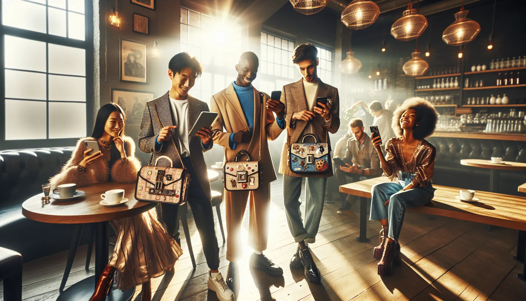 diverse group showcasing csavchels in a trendy café.