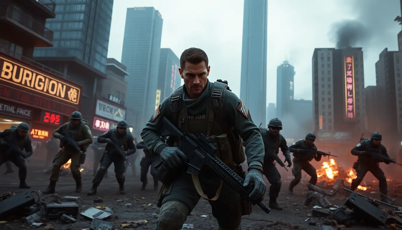 Sergeant Daniel Recker in a chaotic battlefield scene surrounded by a diverse team.