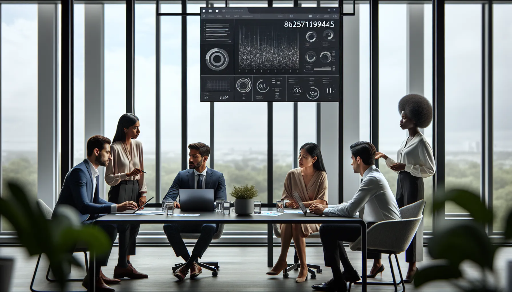 diverse professionals discussing data interpretation in a corporate office.