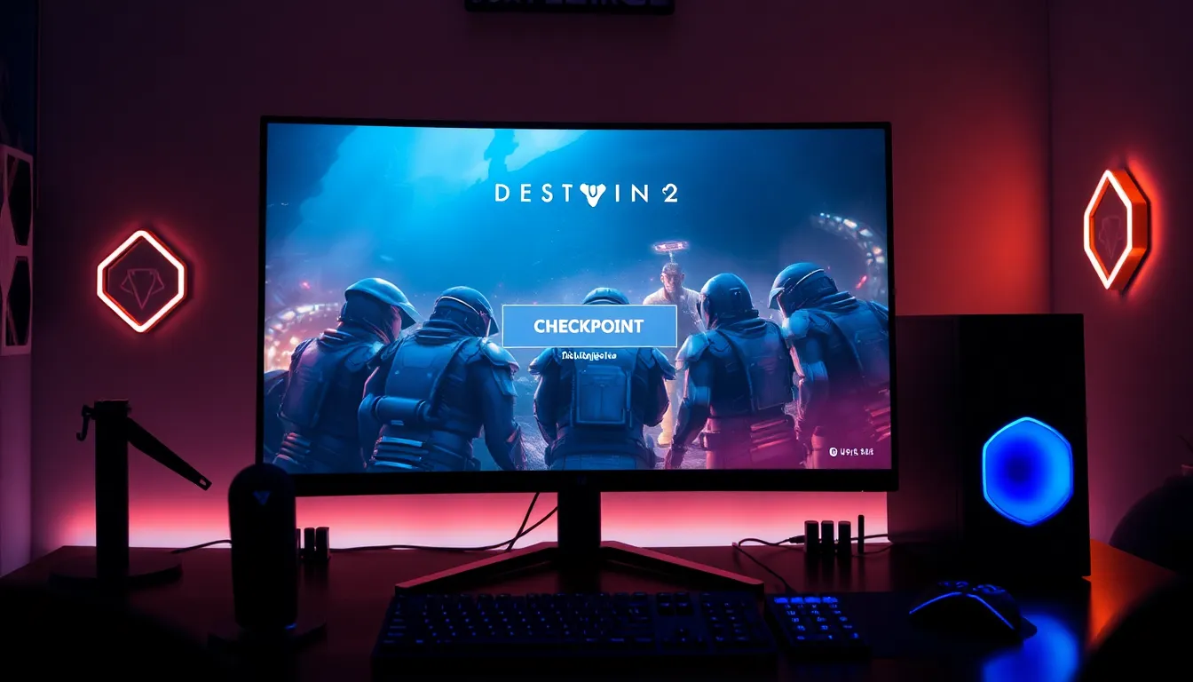 gaming setup showing Destiny 2 checkpoint scene with diverse players.