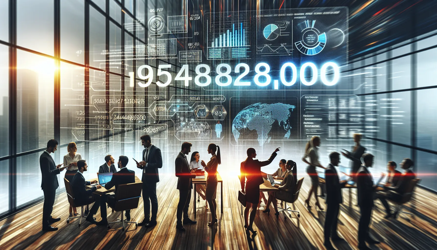 digital screen displaying the number 9548288000 in a tech office.