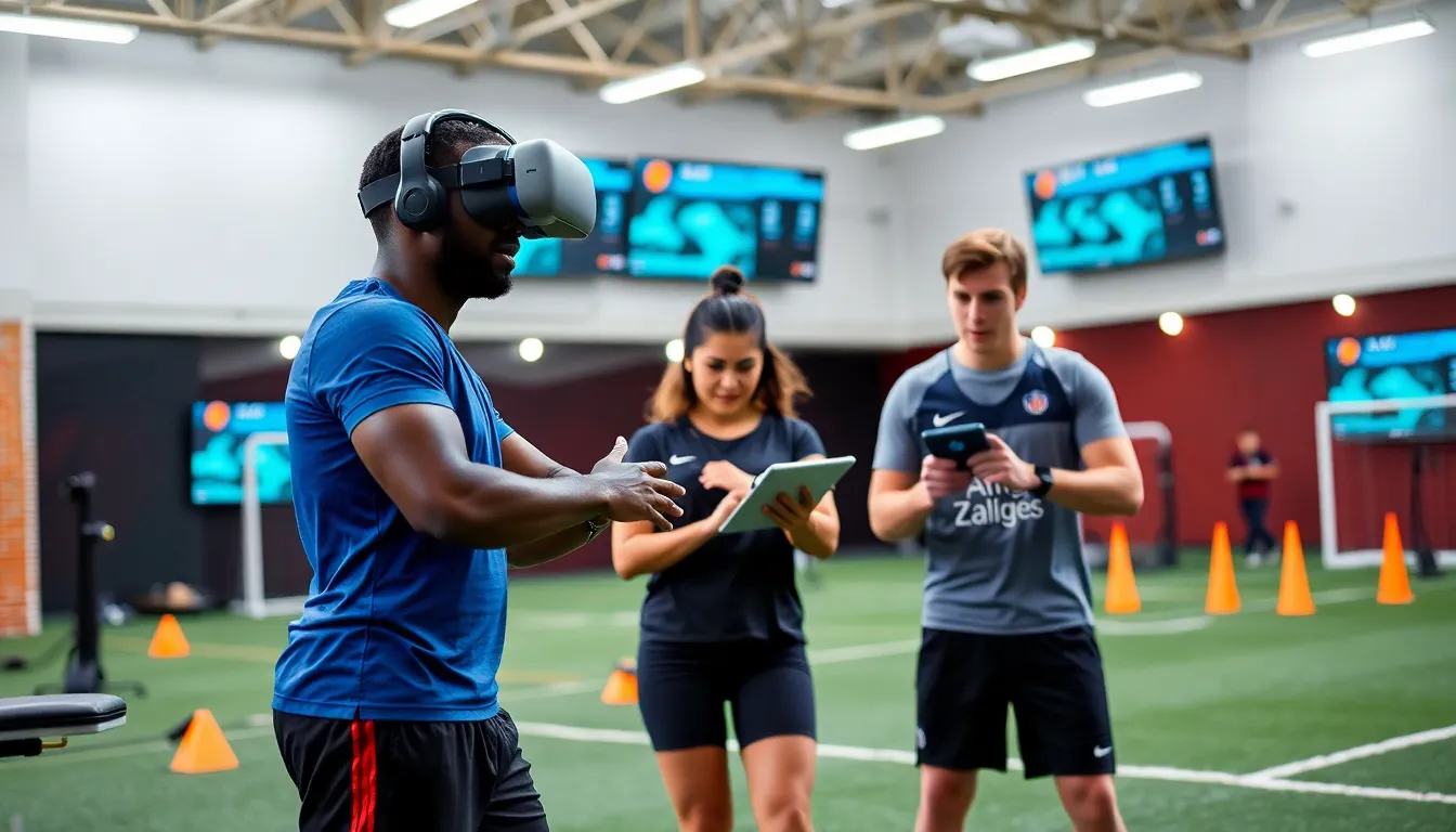 football players training using VR and motion tracking technology.