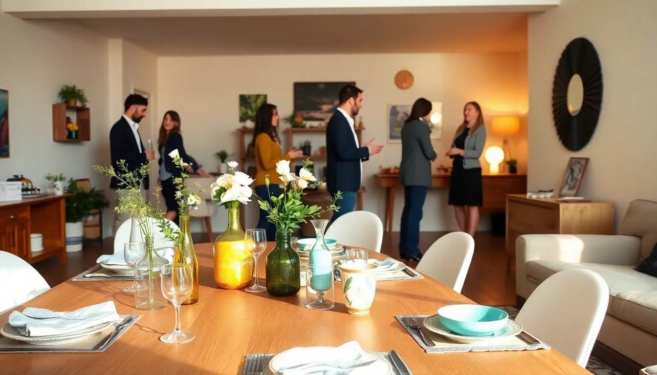 diverse group preparing for a thrifty event in a stylish living space.