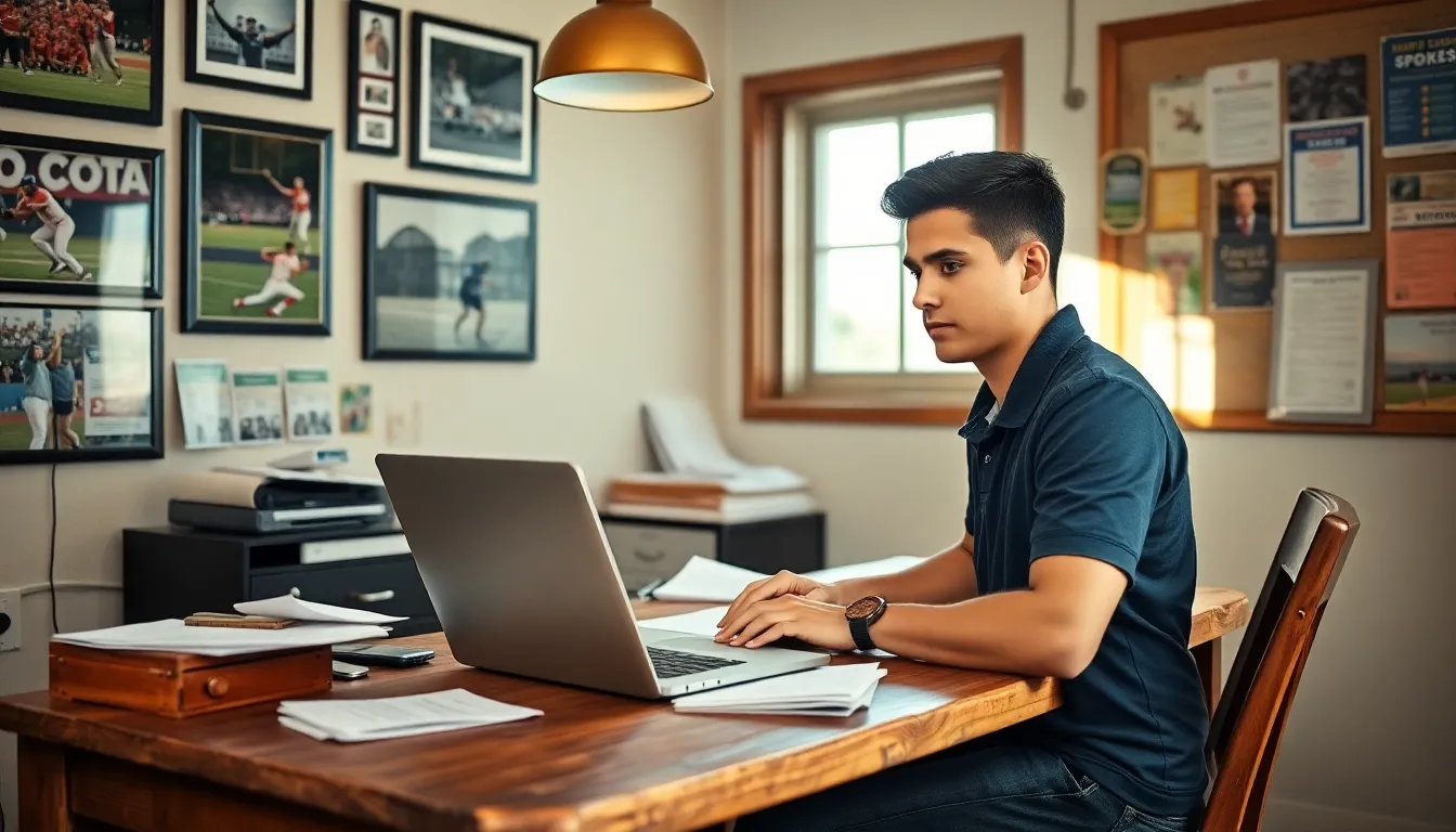 Jimmy Dominguez working in a cozy office surrounded by sports memorabilia.