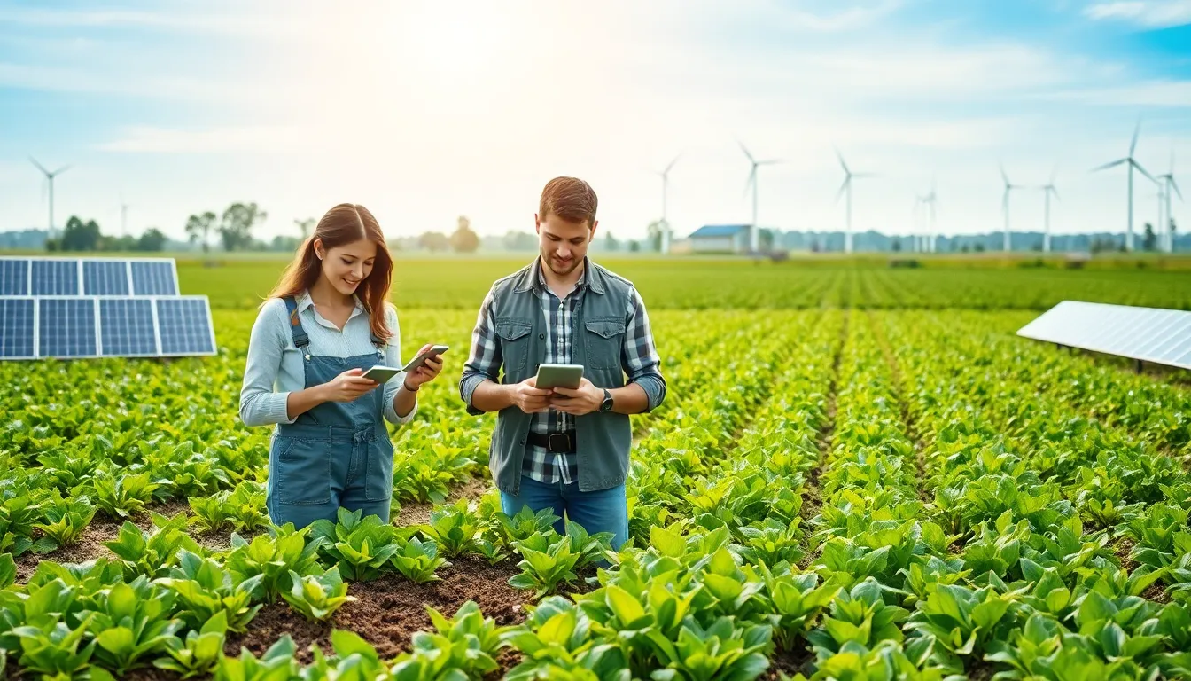 professionals examining soil in a sustainable agriculture setting.