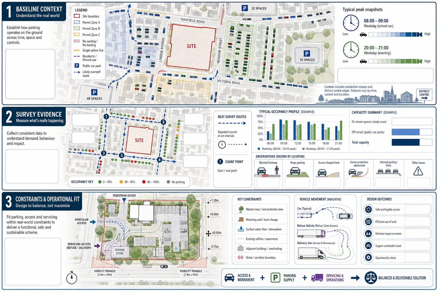 UK parking strategy infographic showing surveys, parking stress, and site access constraints.