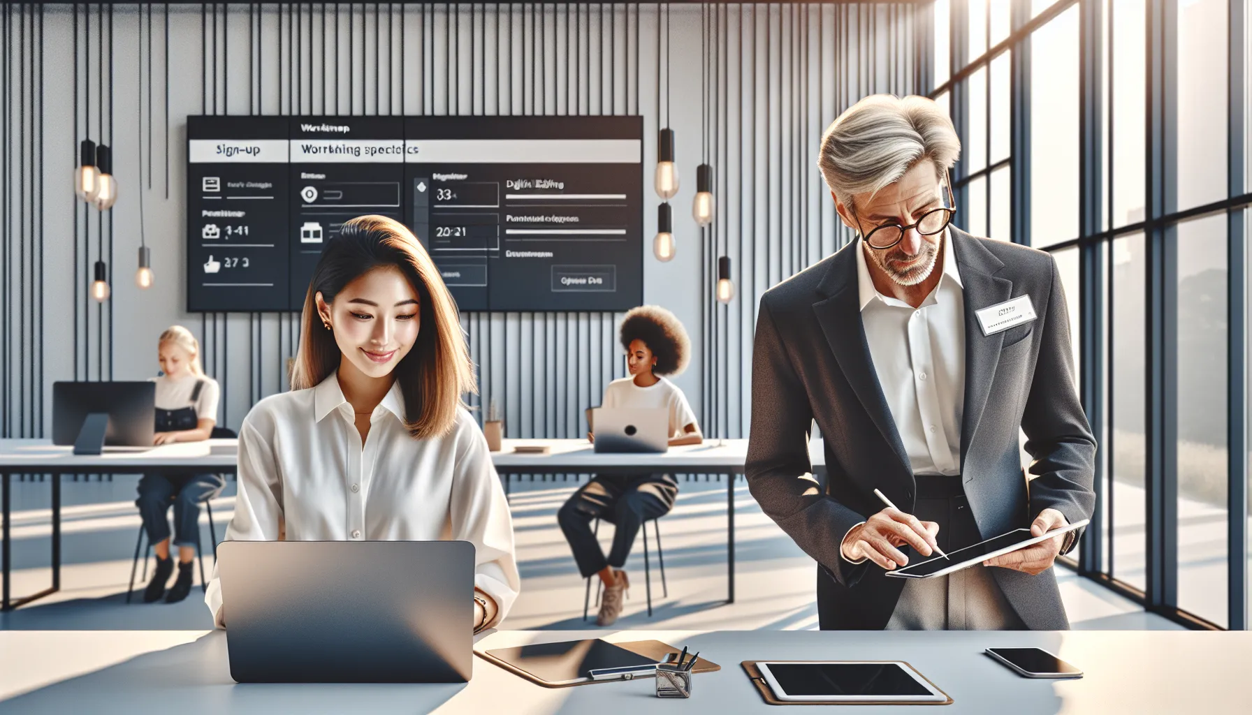 diverse group enrolling in a Photoshop course at a modern workspace.