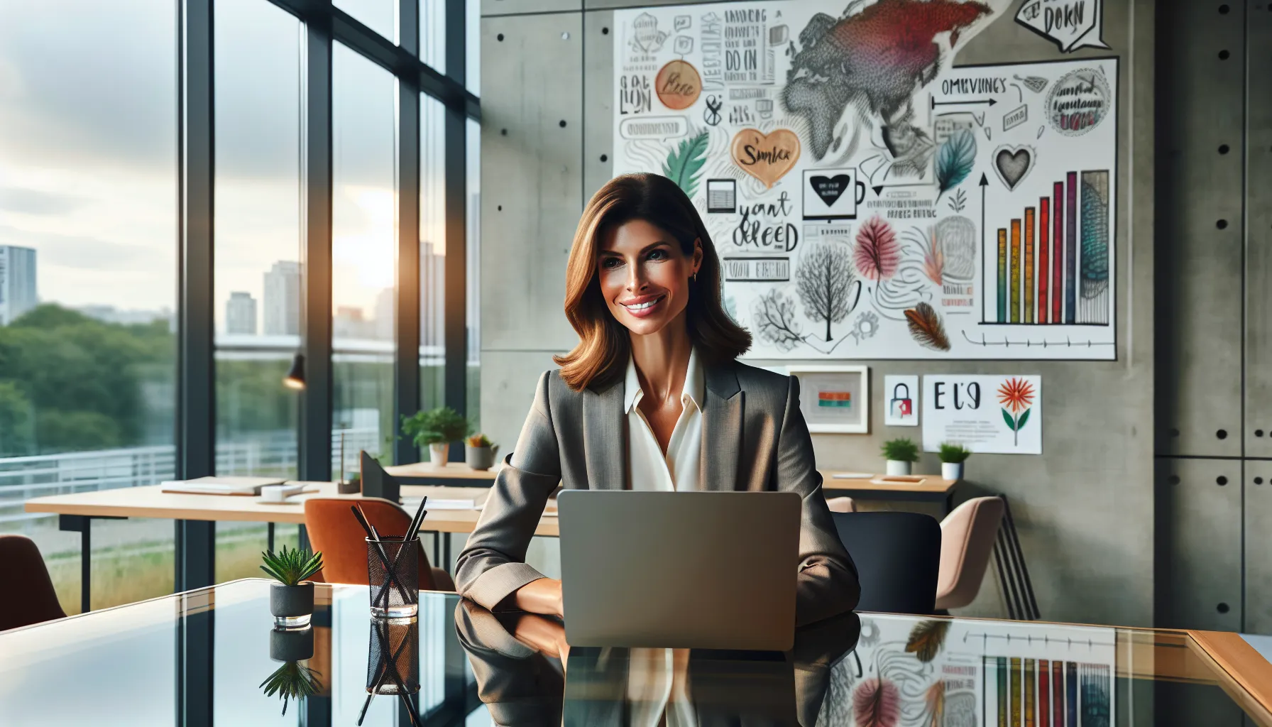 Beth Jennings in a modern office, engaged in a video call.
