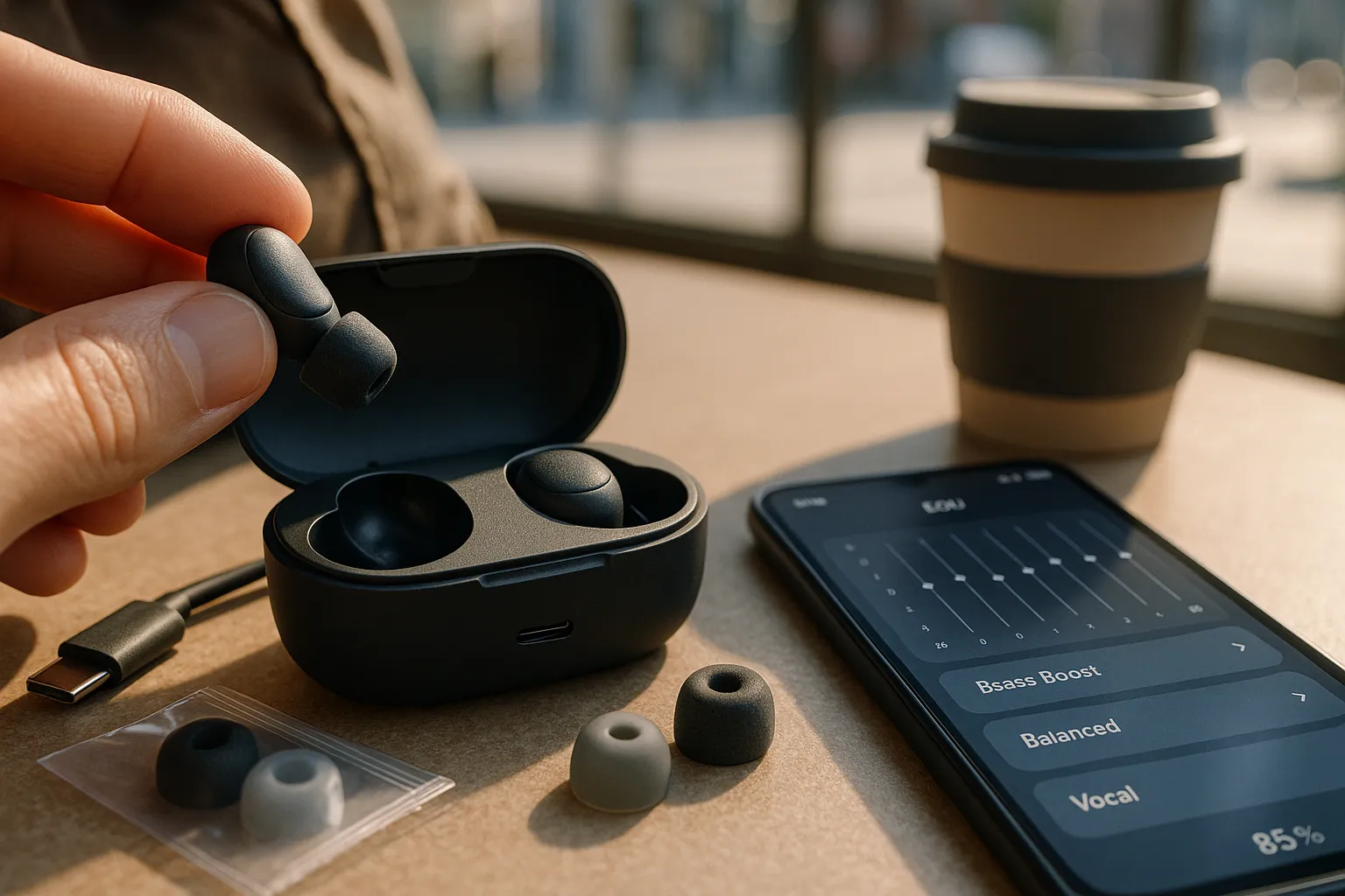 open earbud case with phone showing EQ presets and spare ear tips nearby