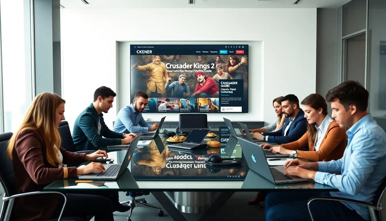 diverse gamers collaborating in a modern office space on strategy guides.