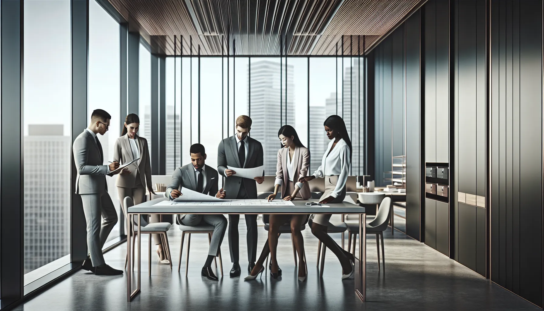 diverse professionals discussing 16.55x40 design configurations in a modern office.