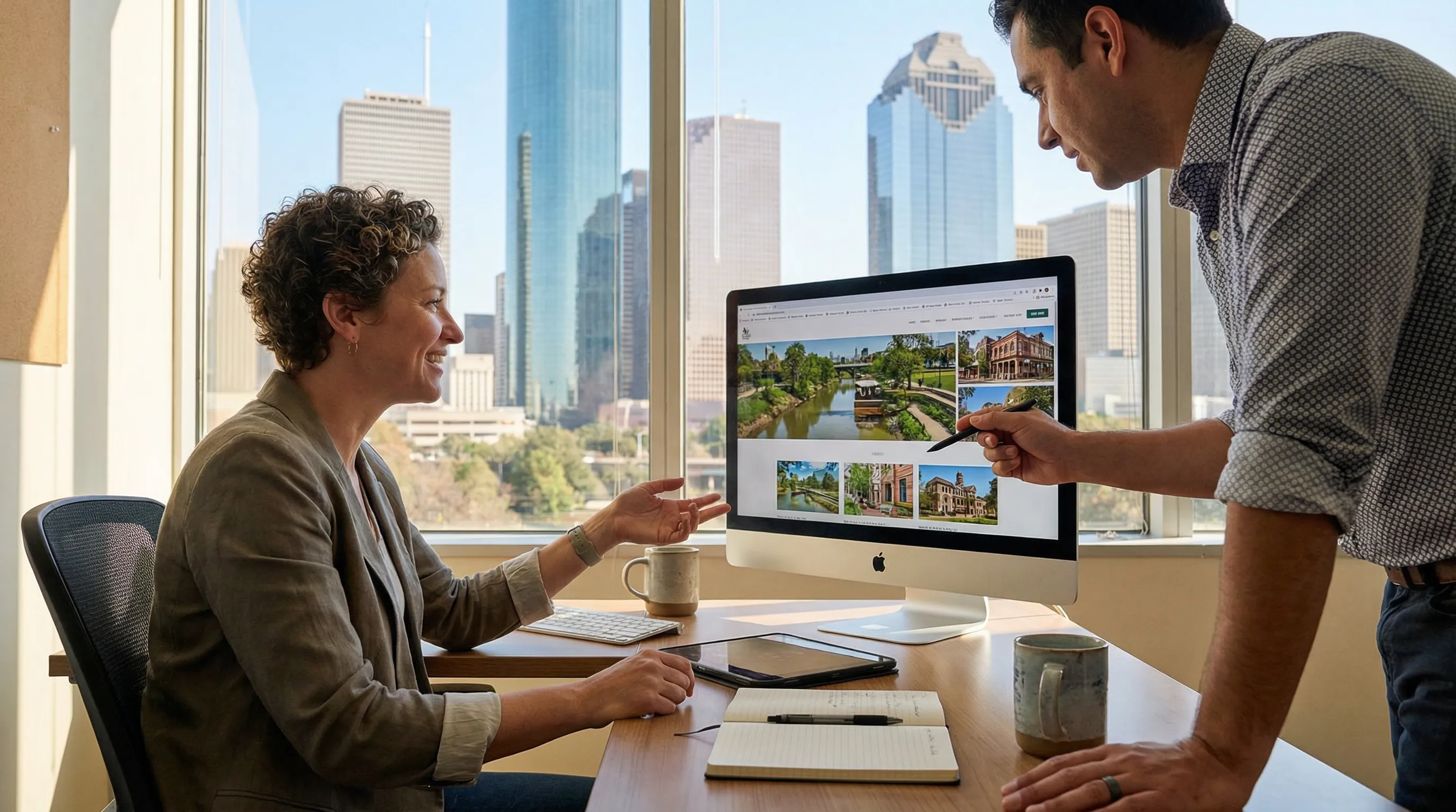 Business owner and designer reviewing a custom website for Houston on a large monitor with the city skyline visible through the window.