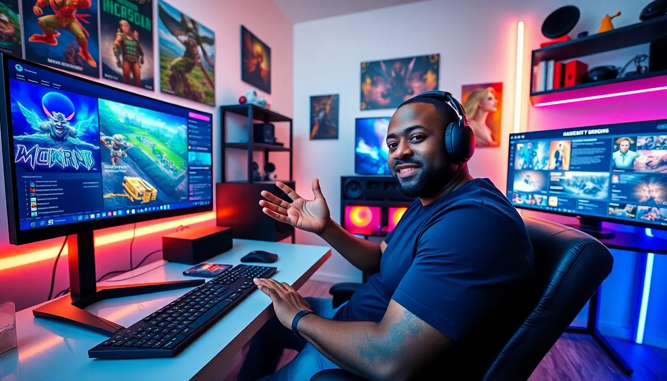 Larry in a gaming studio, creating guides at his computer desk.