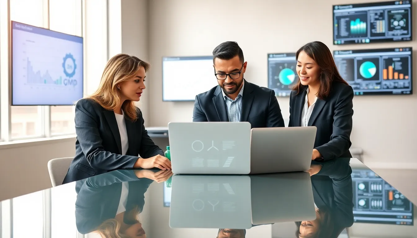 team discussing GMP software in a sleek office setting.