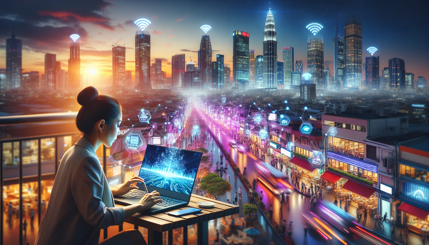 A woman using a laptop at a cafe in a tech-enabled cityscape.