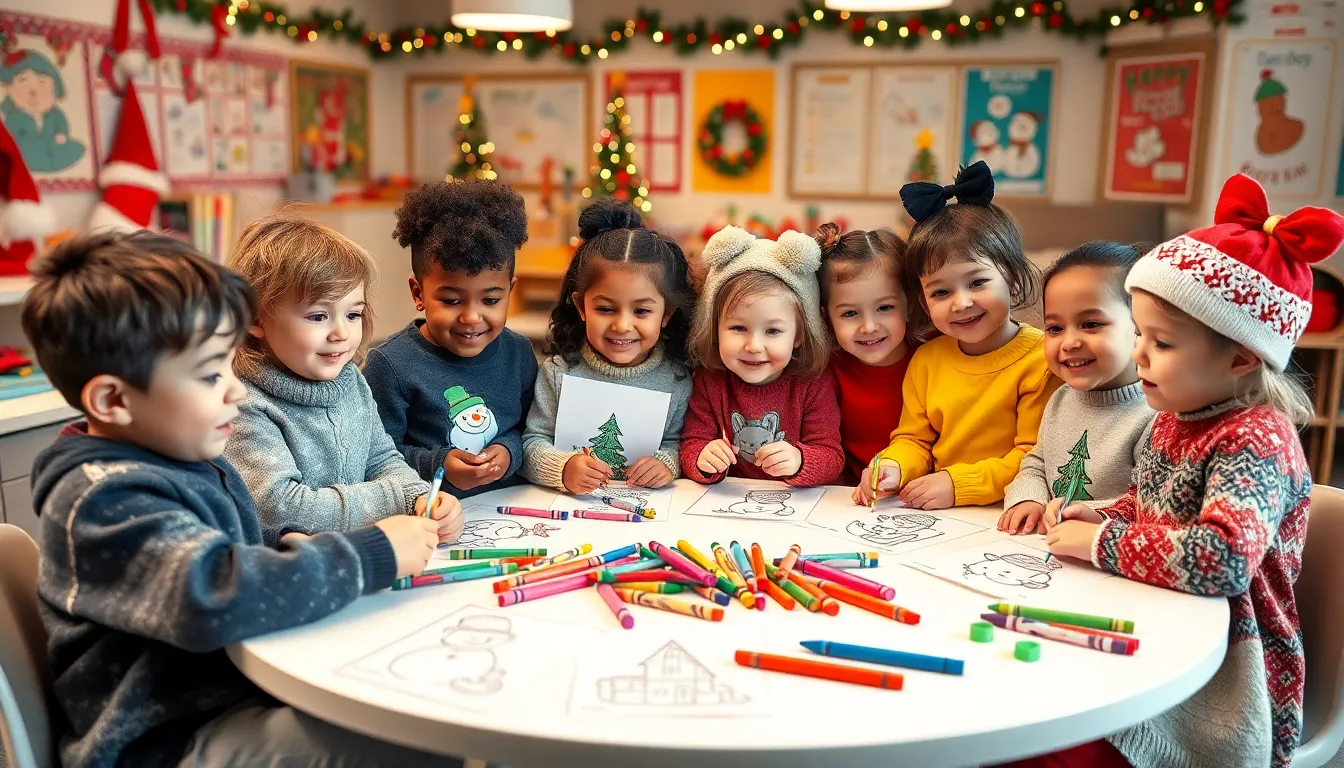 children coloring Christmas pages in a festive classroom.