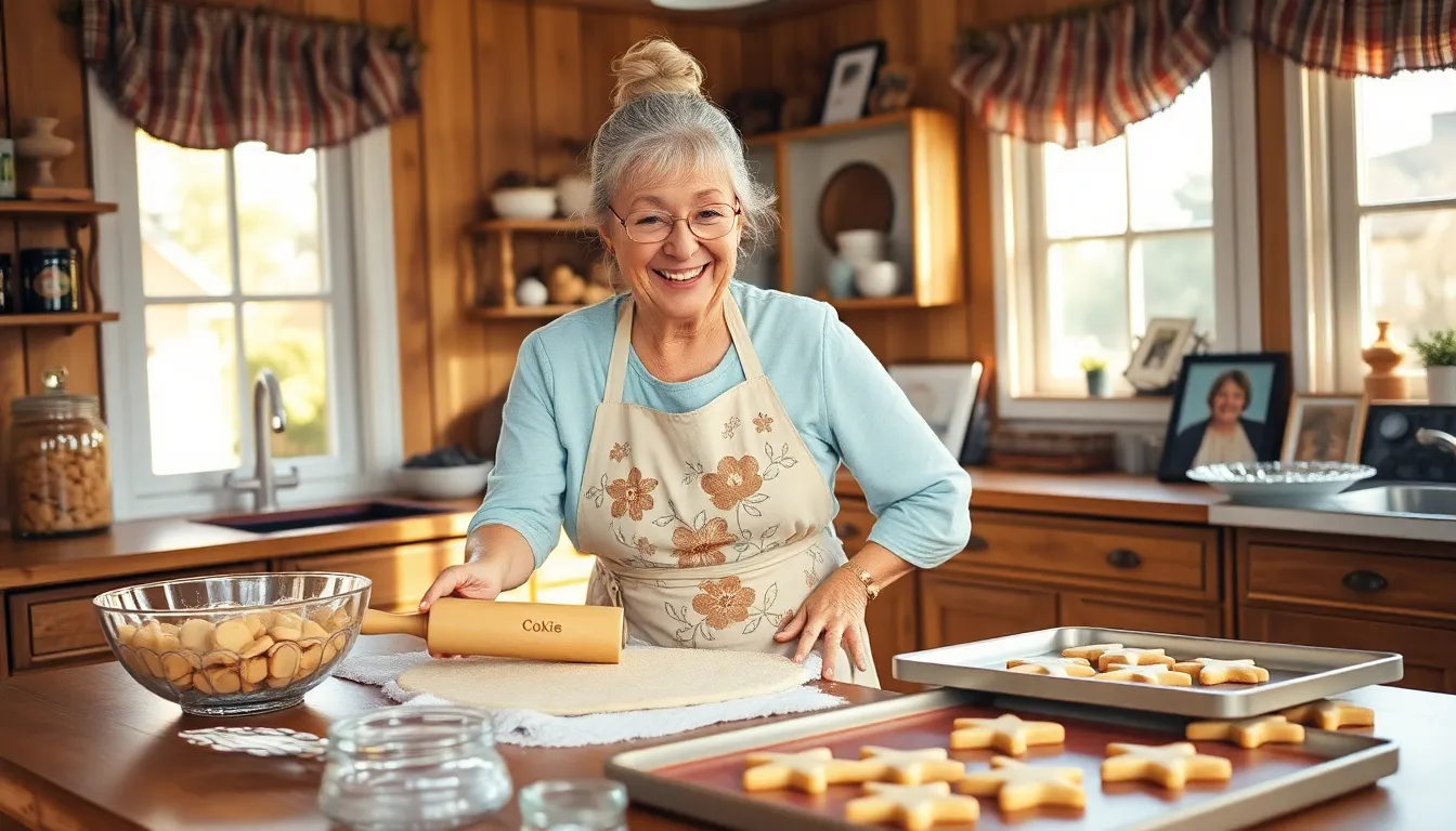 an elderly woman baking cookies in a sunlit kitchen.