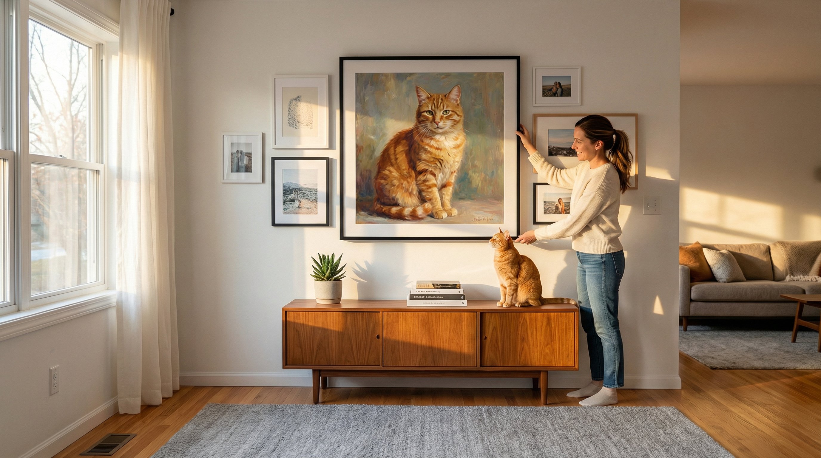 Woman displaying a framed custom cat painting on a modern living room gallery wall.