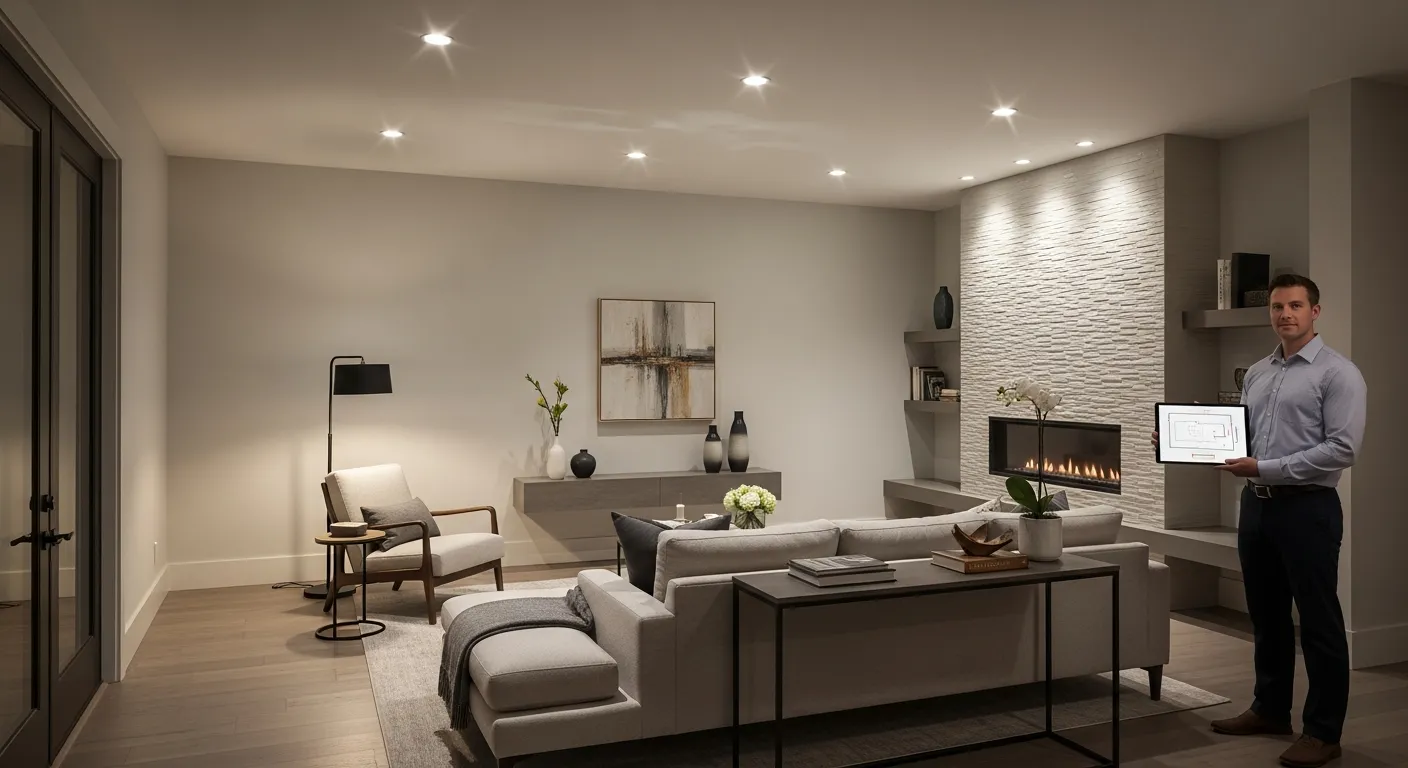 Contemporary living room showing layered recessed lighting for ambient, task, and accent use.