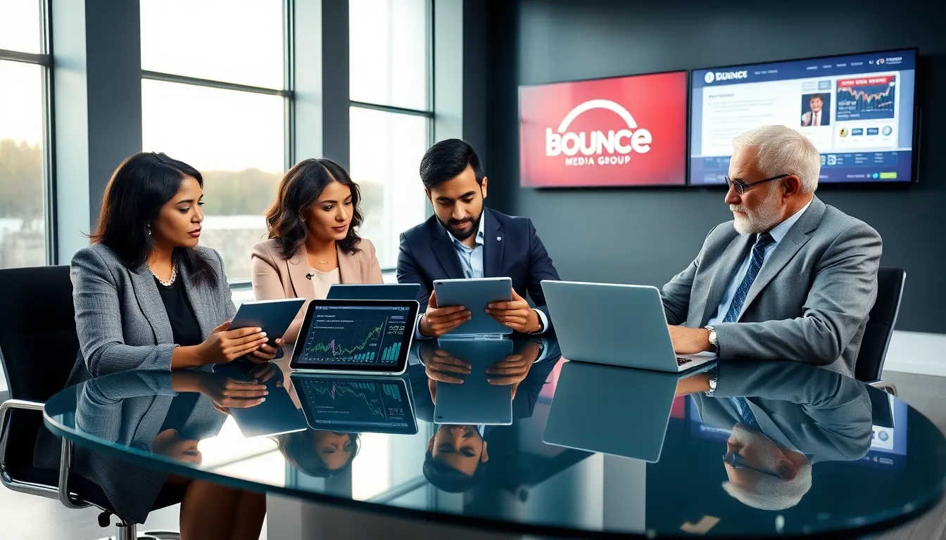diverse professionals collaborating in a modern newsroom.