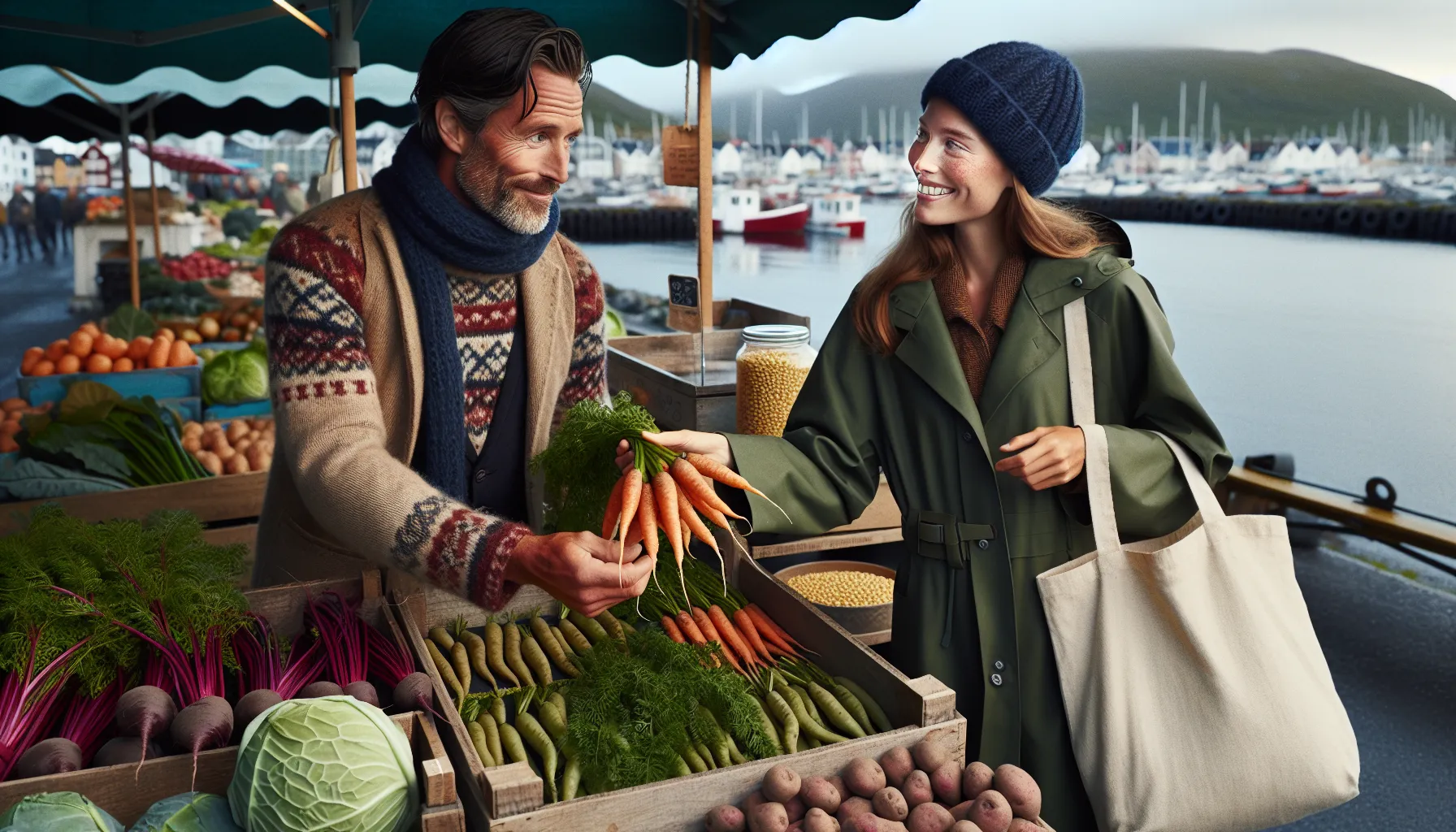 Norwegian farmer sells fresh seasonal produce at a coastal market stall.