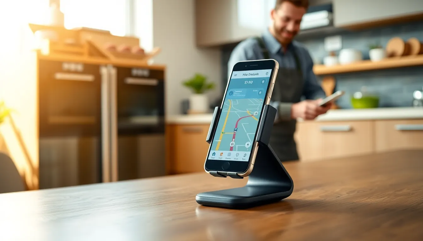 Stylish mobile phone holder in a modern workspace.