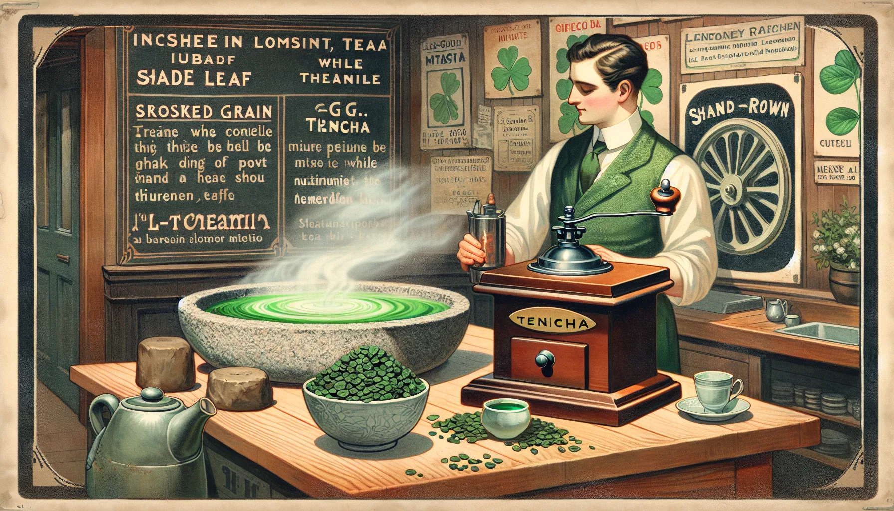 Vintage Irish tearoom with stone mill grinding matcha beside a vivid green bowl.