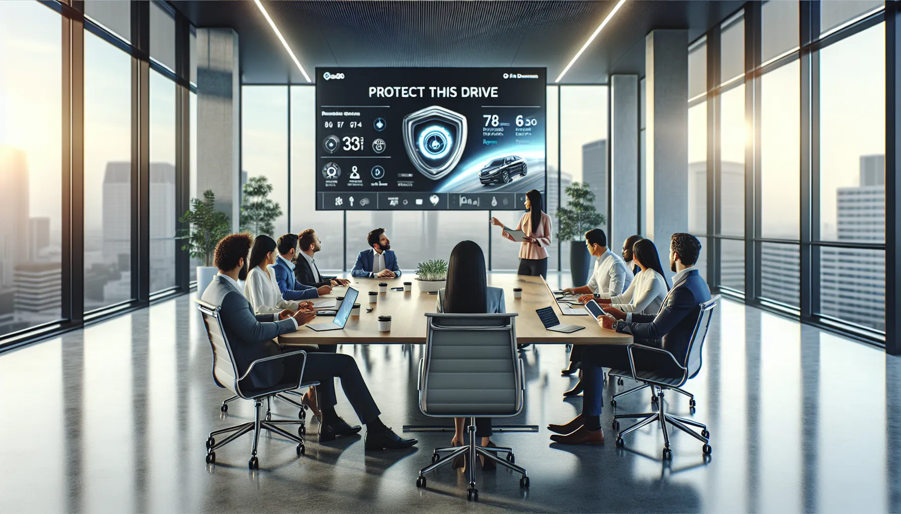 diverse team discussing driving safety features in a modern office.