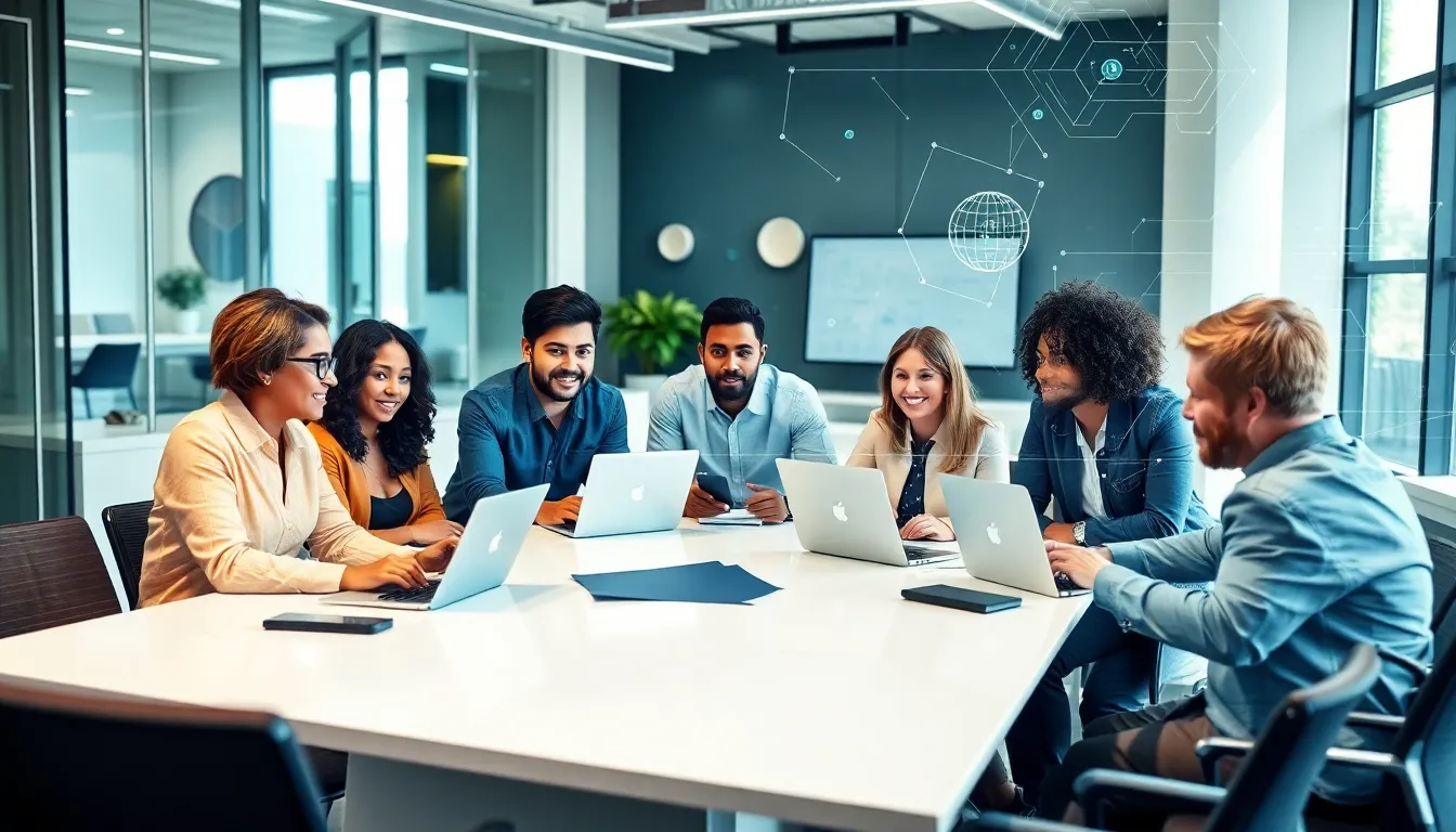 professionals collaborating on technology modernization in a modern office.