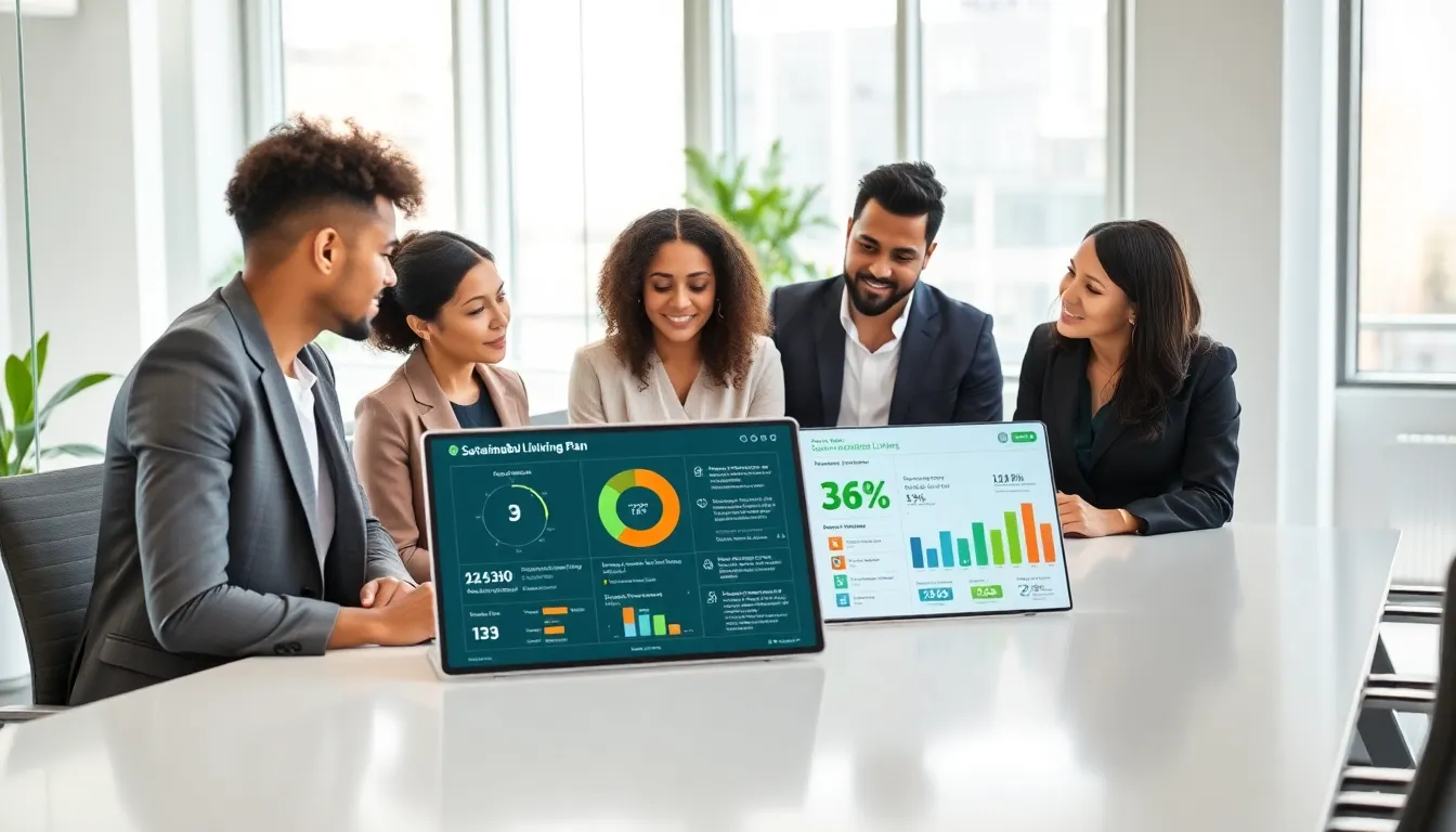 diverse team discussing the Unilever Sustainable Living Plan in a modern office.