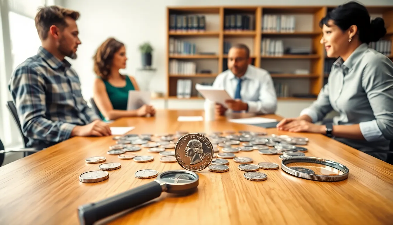 diverse collectors discussing valuable modern quarters.